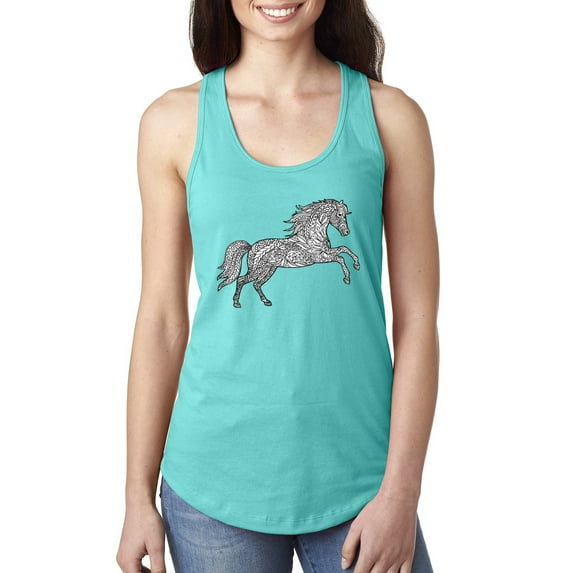 Black and White Mosaic Retro Mandala Wild Horse Animal Lover Ladies Racerback Tank Top, Tahiti Blue, Medium