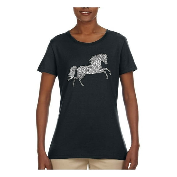 Black and White Mosaic Retro Mandala Wild Horse Animal Lover Womens Graphic T-Shirt, Black, Medium