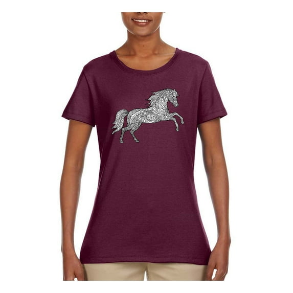 Black and White Mosaic Retro Mandala Wild Horse Animal Lover Womens Graphic T-Shirt, Maroon, Small