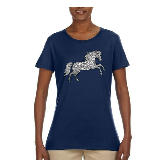 Black and White Mosaic Retro Mandala Wild Horse Animal Lover Womens Graphic T-Shirt, Navy, Medium