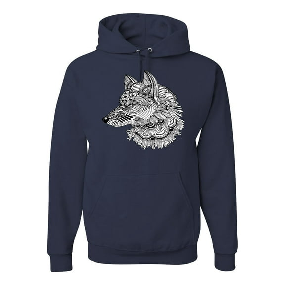 Black and White Mosaic Retro Snow Wolf Animal Lover Graphic Hoodie Sweatshirt, Navy, X-Large