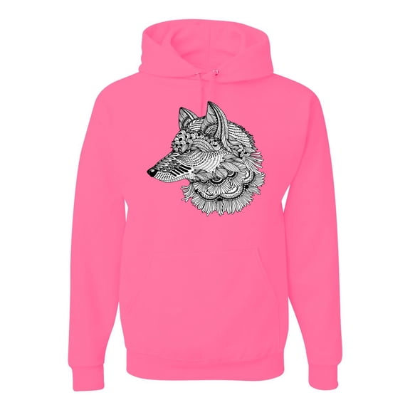 Black and White Mosaic Retro Snow Wolf Animal Lover Graphic Hoodie Sweatshirt, Neon Pink, 2XL
