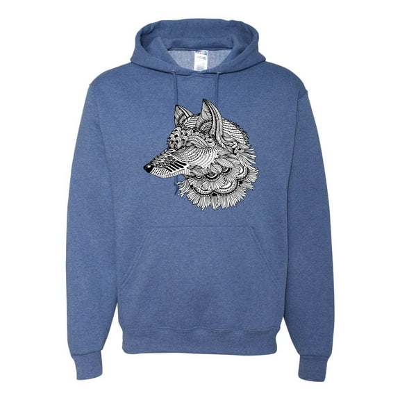 Black and White Mosaic Retro Snow Wolf Animal Lover Graphic Hoodie Sweatshirt, Vintage Heather Blue, Large