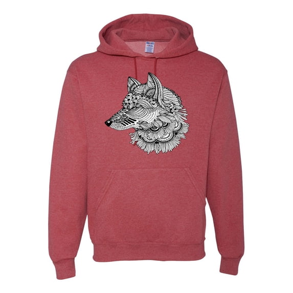 Black and White Mosaic Retro Snow Wolf Animal Lover Graphic Hoodie Sweatshirt, Vintage Heather Red, 2XL