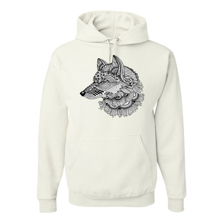 Black and White Mosaic Retro Snow Wolf Animal Lover Graphic Hoodie Sweatshirt White Medium