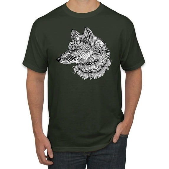 Black and White Mosaic Retro Snow Wolf Animal Lover Graphic T-Shirt, Forest Green, 3XL