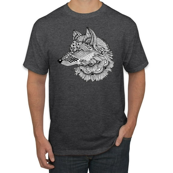 Black and White Mosaic Retro Snow Wolf Animal Lover Graphic T-Shirt, Heather Black, Small