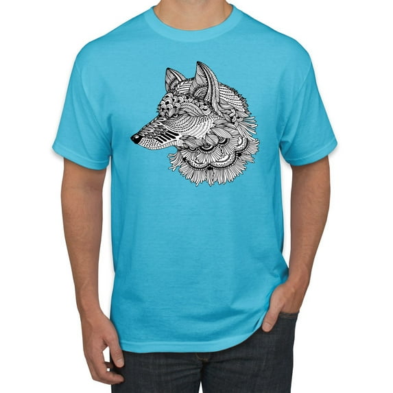 Black and White Mosaic Retro Snow Wolf Animal Lover Graphic T-Shirt, Light Turquoise, Small