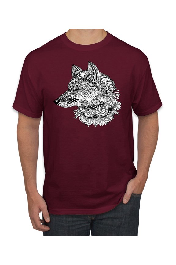 Black and White Mosaic Retro Snow Wolf Animal Lover Graphic T-Shirt, Maroon, X-Large