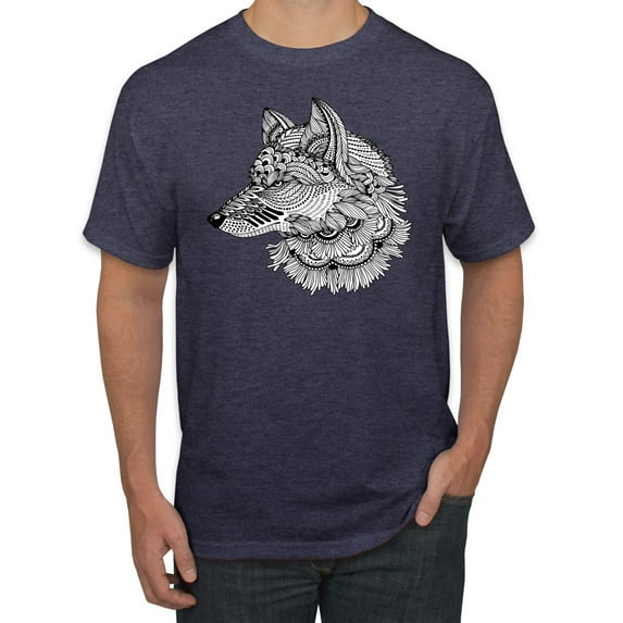 Black and White Mosaic Retro Snow Wolf Animal Lover Graphic T-Shirt, Vintage Heather Navy, X-Large