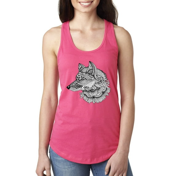 Black and White Mosaic Retro Snow Wolf Animal Lover Ladies Racerback Tank Top, Hot Pink, Large