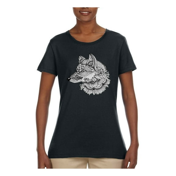 Black and White Mosaic Retro Snow Wolf Animal Lover Womens Graphic T-Shirt, Black, 2XL