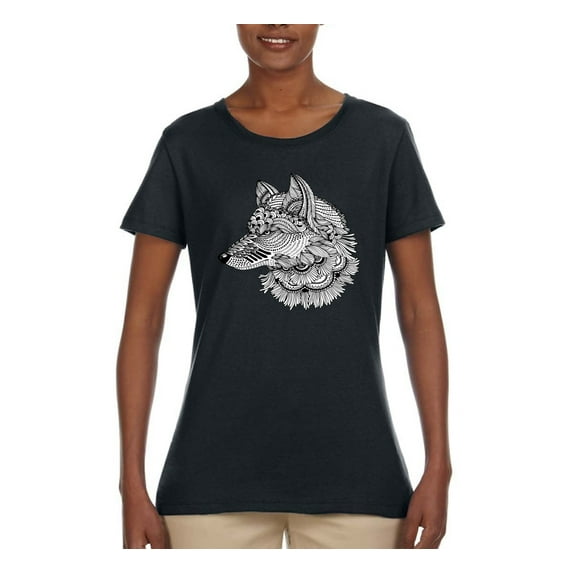 Black and White Mosaic Retro Snow Wolf Animal Lover Womens Graphic T-Shirt, Black, Small