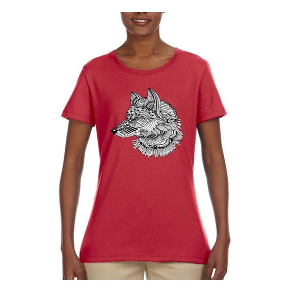 Black and White Mosaic Retro Snow Wolf Animal Lover Womens Graphic T-Shirt, Red, X-Large