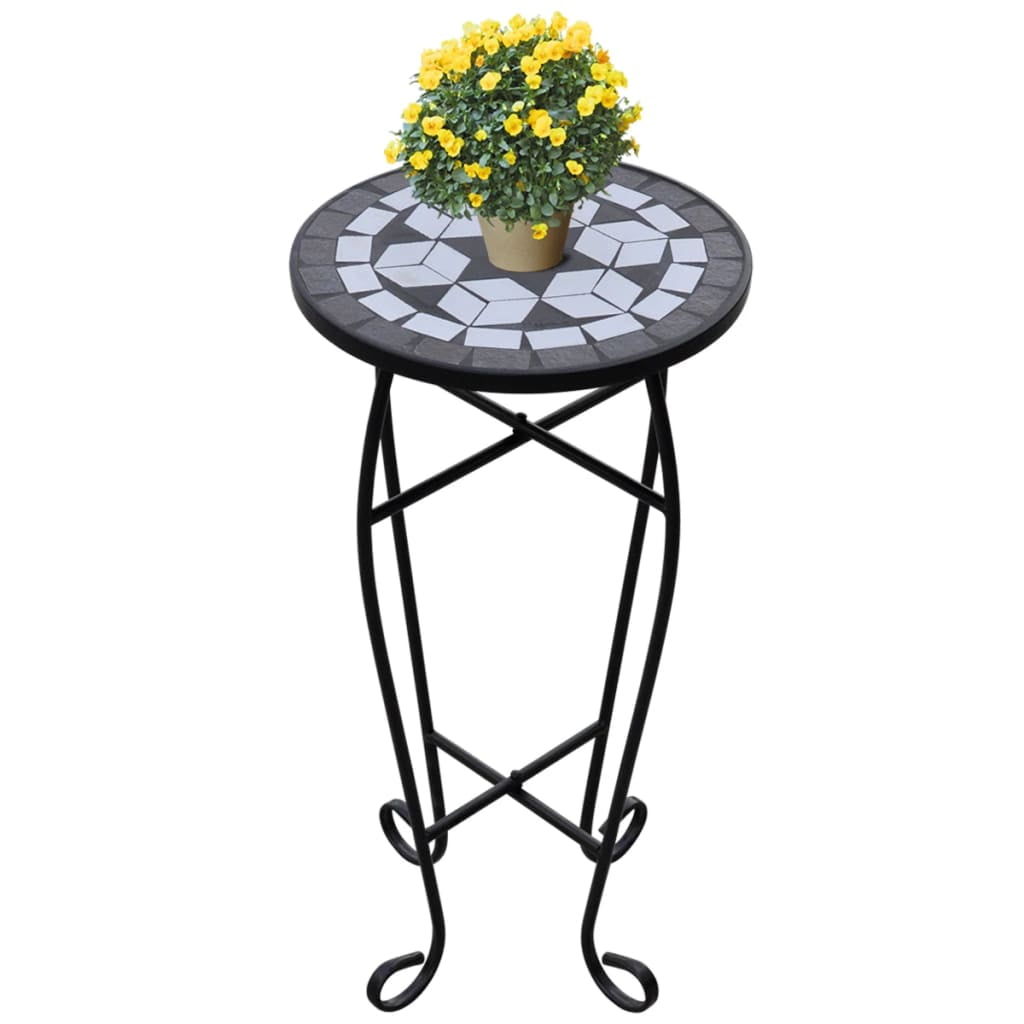 Black and White Mosaic Side Table for Plants Outdoor Patio Decor