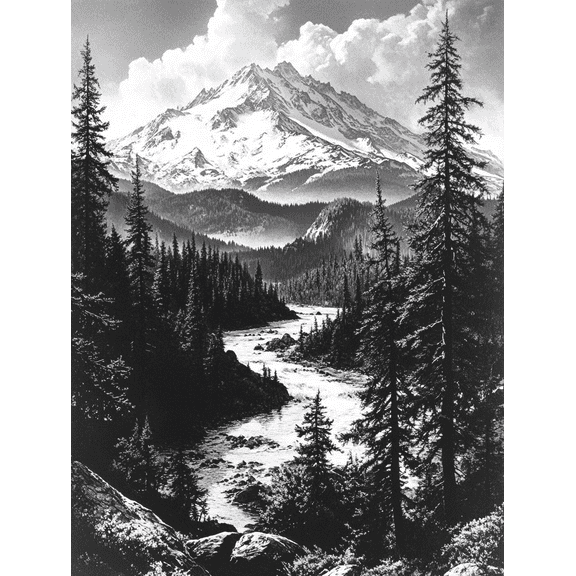 Black and White Mountain River Landscape Canvas Print/Wall Art Suitable for Living Room Bedroom Office Hotel and Restaurant Decoration.