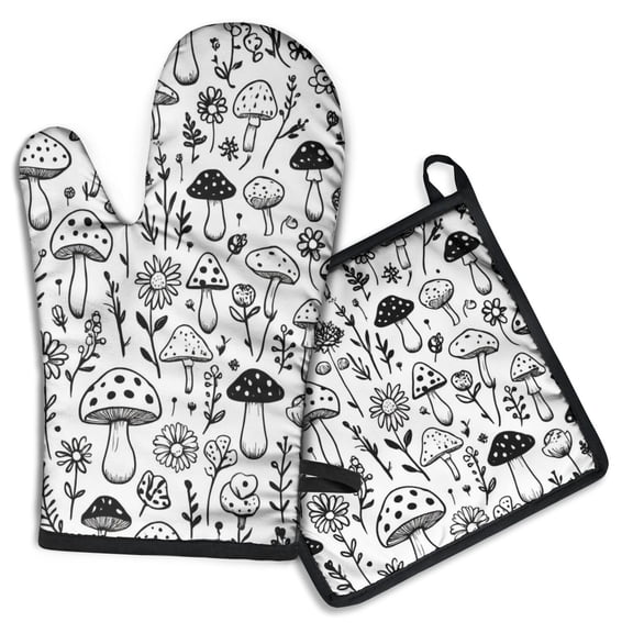 Black and White Mushroom Kitchen Oven Mitt and Pot Holder Sets 2 Pcs for Baking, Cooking and Grilling, Heat Resistant Up To 392 °F