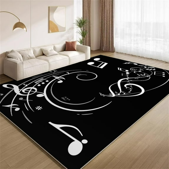 Black and White Music Area Rugs 4x8 Rug Music Note Themed Music Lover Indoor Rugs Non-Slip Washable Soft and Comfortable for Indoor Outdoor