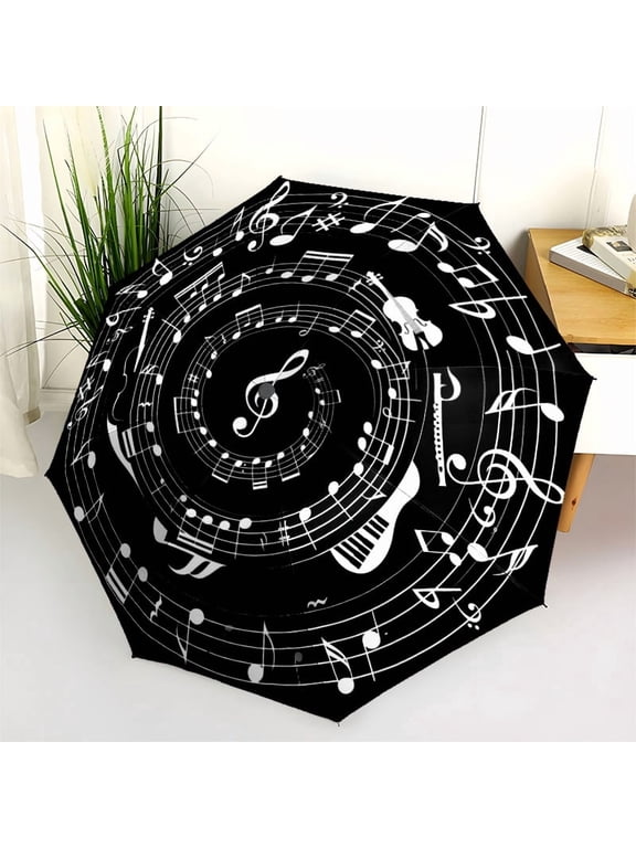Black and White Musical Notes Print Automatic Folding Umbrella, Portable 8-Rib Windproof Rain Umbrella for Outdoor, Travel, and Daily Use