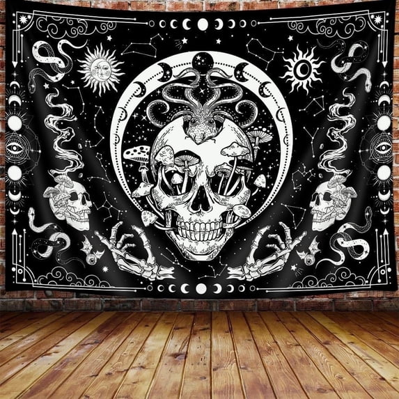 Black and White Mystical Skull Tapestry - Trippy Psychedelic Mushroom Sun Moon Snake Wall Hanging for Bedroom, Living Room, Dorm Decor,60X50Inches