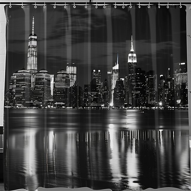 Black and White NYC Skyline Night View Shower Curtain Iconic Buildings