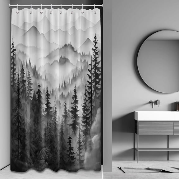 Black and White Nature Shower Curtains for Mens Bathroom Decor Grey Rustic Woodland Pine Tree Cool Bath Curtain Set, Waterproof Fabric with Hooks