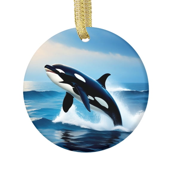Black and White Orca Killer Whale in the Ocean Orcas Leap Wave Design Novelty Glossy Ceramic Christmas Ornament Xmas Holiday Tree Gift Decor