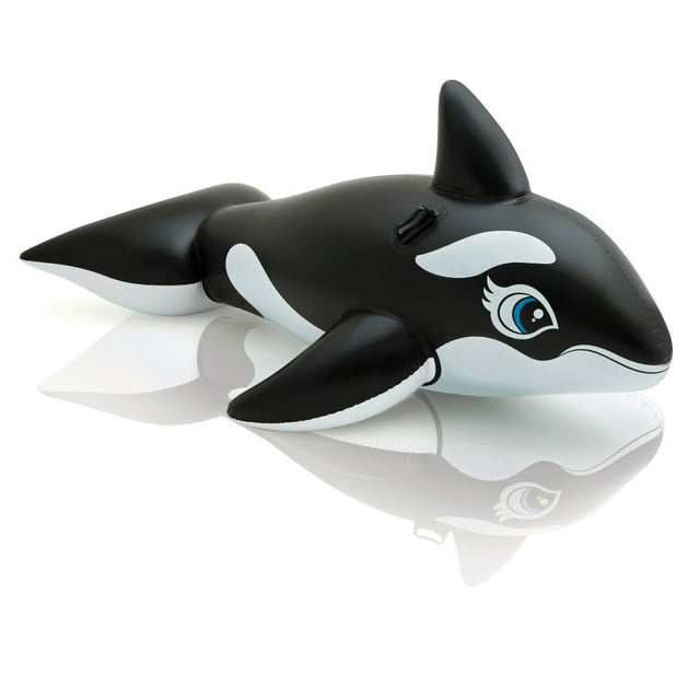 Black and White Orca Whale Ride-On Inflatable Pool Float with Handles for Ages 3+