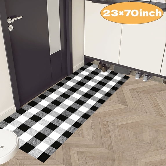 Black and White Outdoor Porch Rug, Cotton Indoor Plaid Rug, Washable Doormat for Entryway, 23"x70"