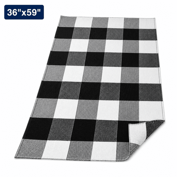 Black and White Outdoor Porch Rug, Cotton Indoor Plaid Rug, Washable Doormat for Entryway, 36"x59"