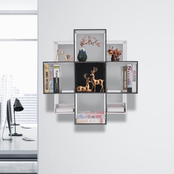 Black-and-White PVC Board 97x24x7cm Wall-Mounted Bookshelf 9-Grid Non-Standard Load-Bearing 66-Pound Lockers
