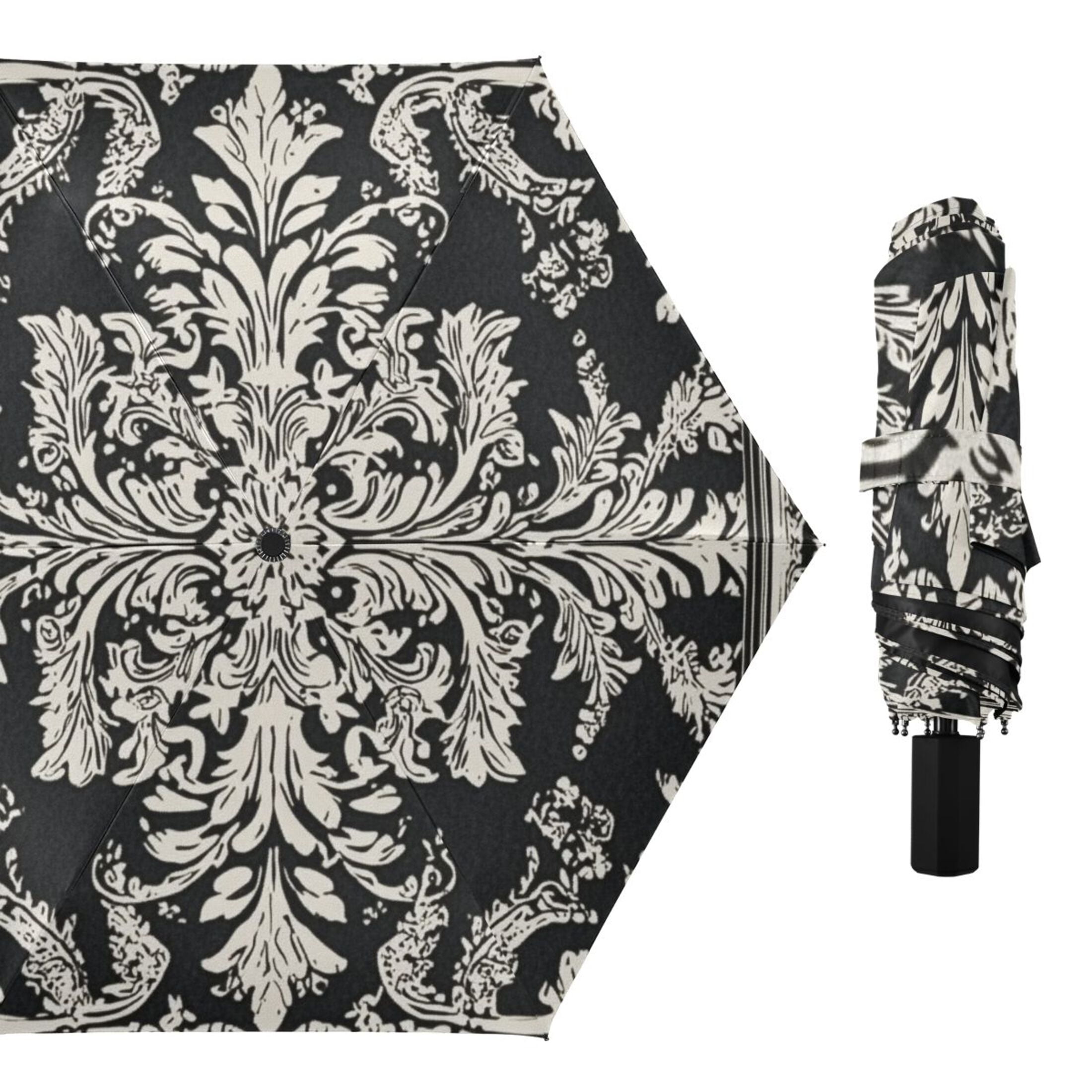 Black and White Paisley Flowers Pattern All Weather Umbrella Triple Folding Parasol 6 Ribs UV Protection Portable