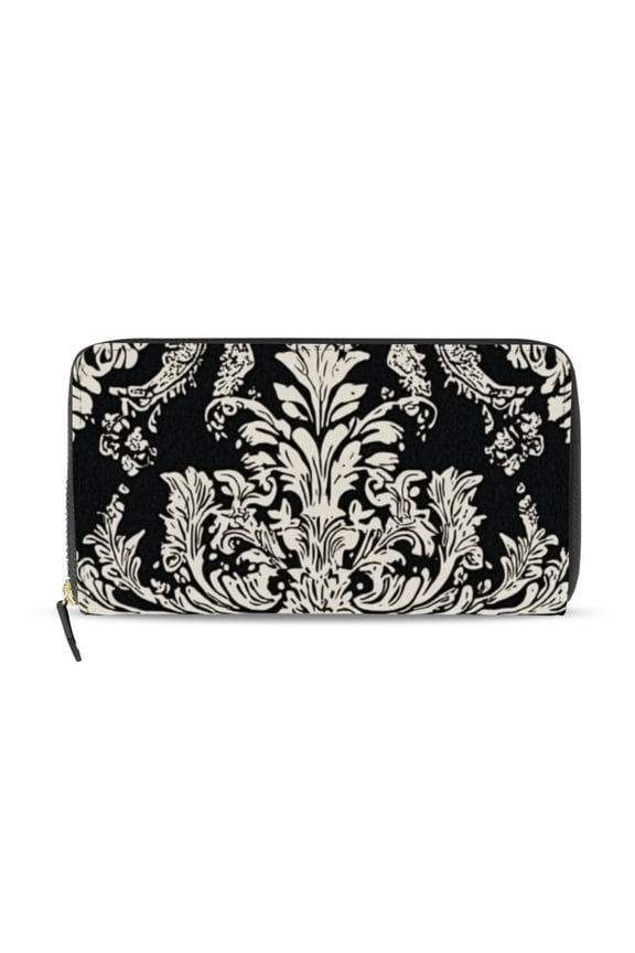 Black and White Paisley Flowers Pattern Women's Long Zipper Wallet Bifold Clutch Purse PU Leather Card Cases