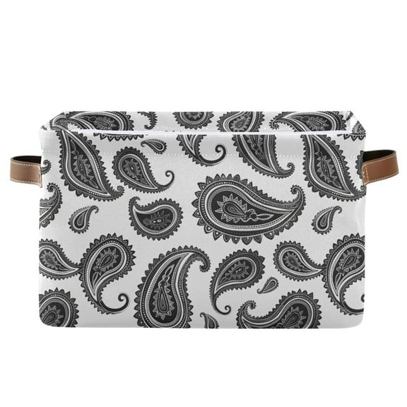 Black and White Paisley Storage Bins with Handle Fabric Organizer Basket Foldable Box 1 Pack 14.2x10.2x8.3