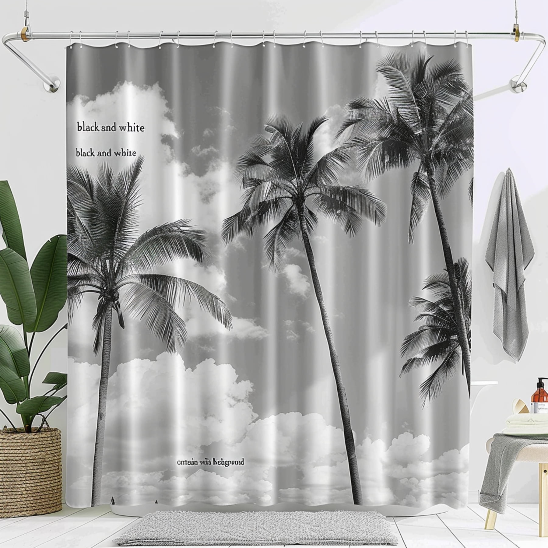 Black and White Palm Tree Bathroom Curtain with Sky Background Shower ...