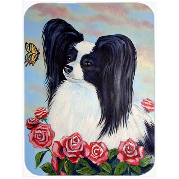 Black and White Papillon in Roses Glass Cutting Board - Large, 15 x 12 in.