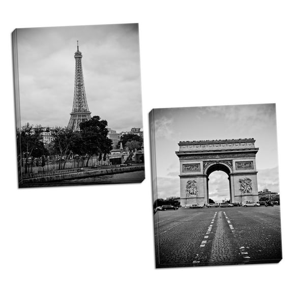 Black and White Paris Arc de Triomphe and Eiffel Tower Adult Decor; 2 - 11" x 14" Stretched Canvases