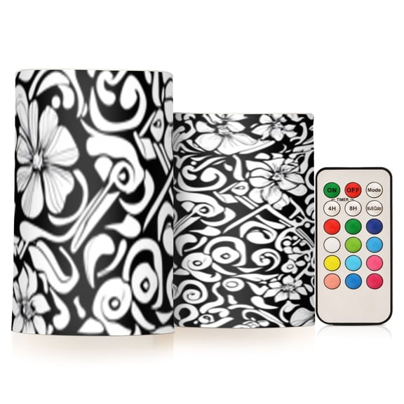 Black and White Pattern Design Flickering Flameless Candles Battery Operated with Remote Timer LED Pillar Candles Set of 2