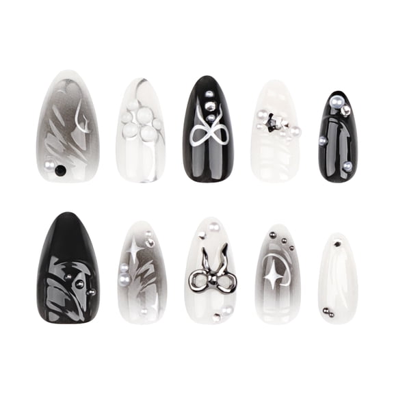 Black and White Pearl Accent Press on Nails, Medium Almond Glossy Translucent False Nails with Bow and Star Motif, 10 Count
