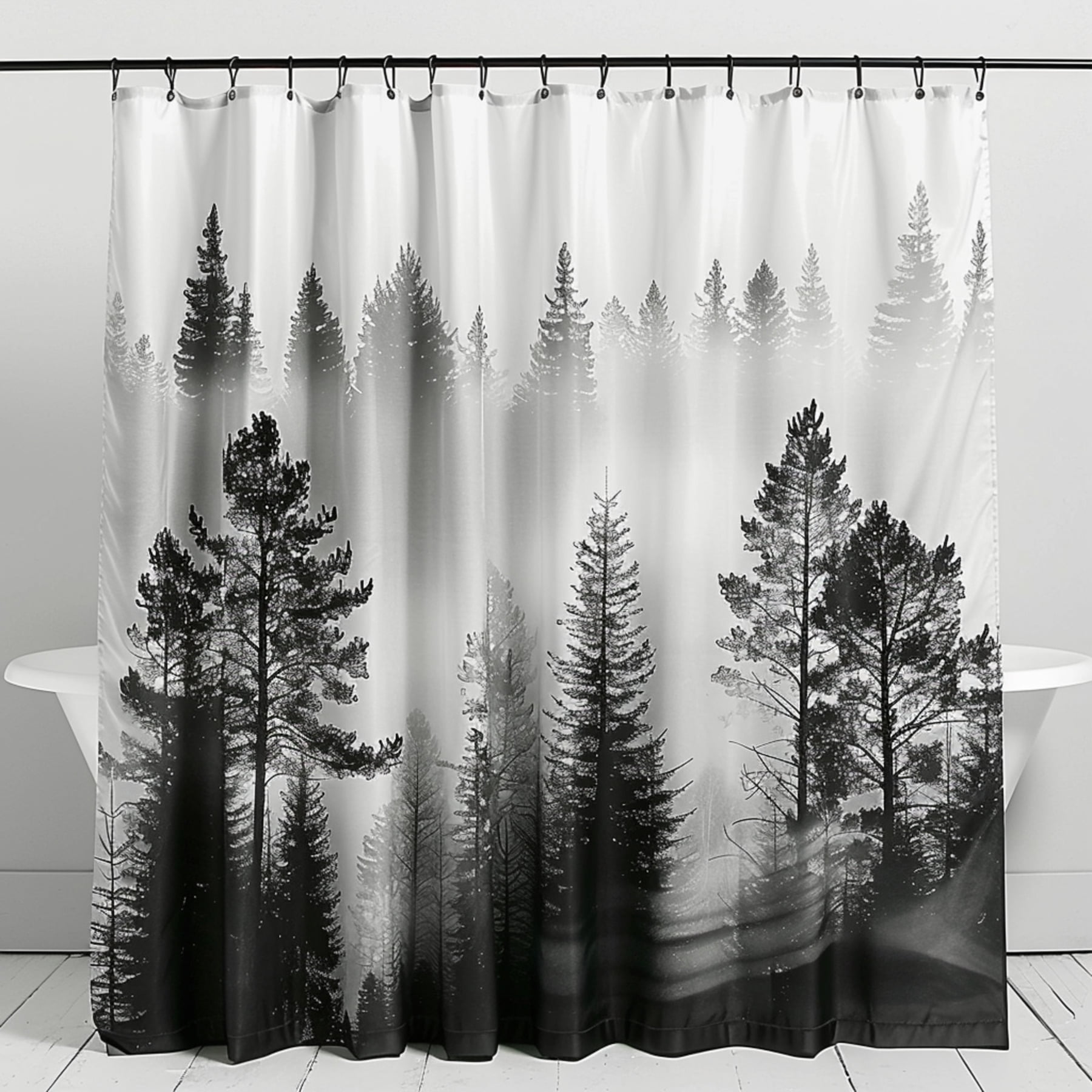 Black and White Pine Tree Landscape Print Outdoor Themed Bathroom