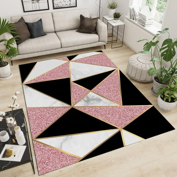 Black and White Pink Geometric Area Rugs, Triangular Patchwork Carpet, Bathroom Rugs High Density Dust-Proof for Family and Pet Bedroom Area,4x8ft