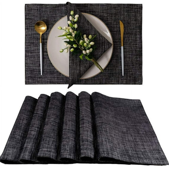 Black and White Placemats Set of 6 - Heat Resistant Washable Linen Silver Design Cloth Dining Table Mats, Large 13 x 19 Inch