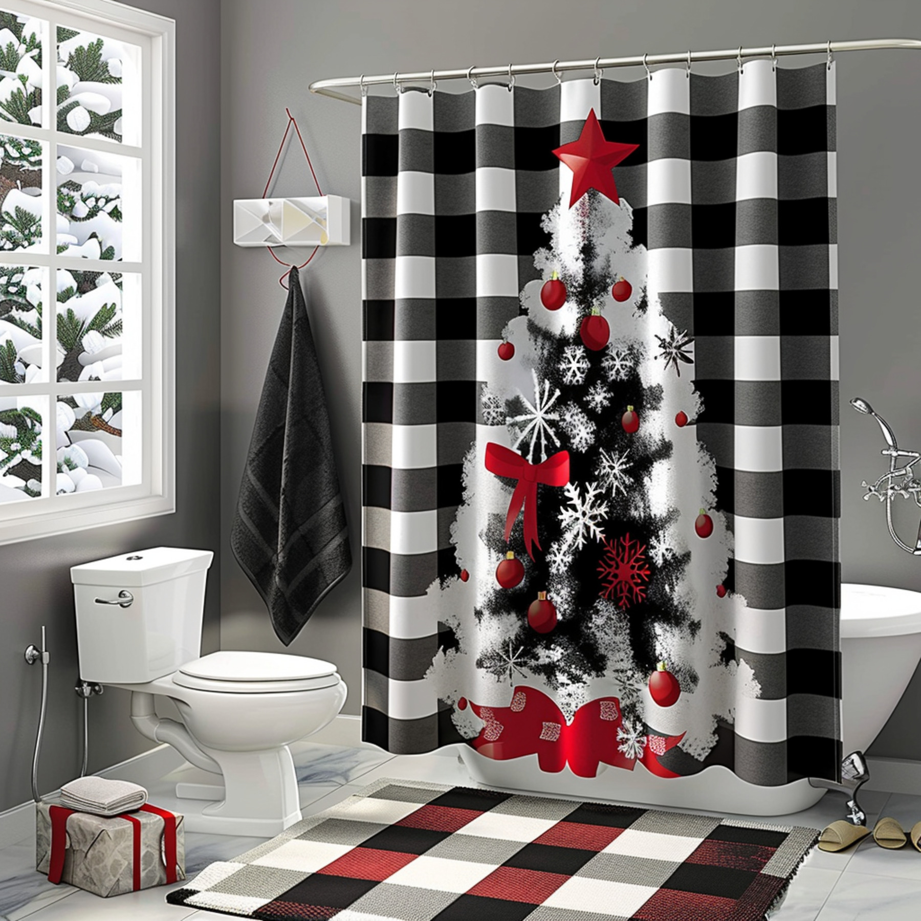 Black and White Plaid Christmas Tree Shower Curtain Set with Snowflakes
