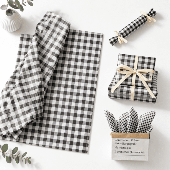 Black and White Plaid Gift Wrap Tissue Paper, 150 Sheets, 14 x 20 Inches