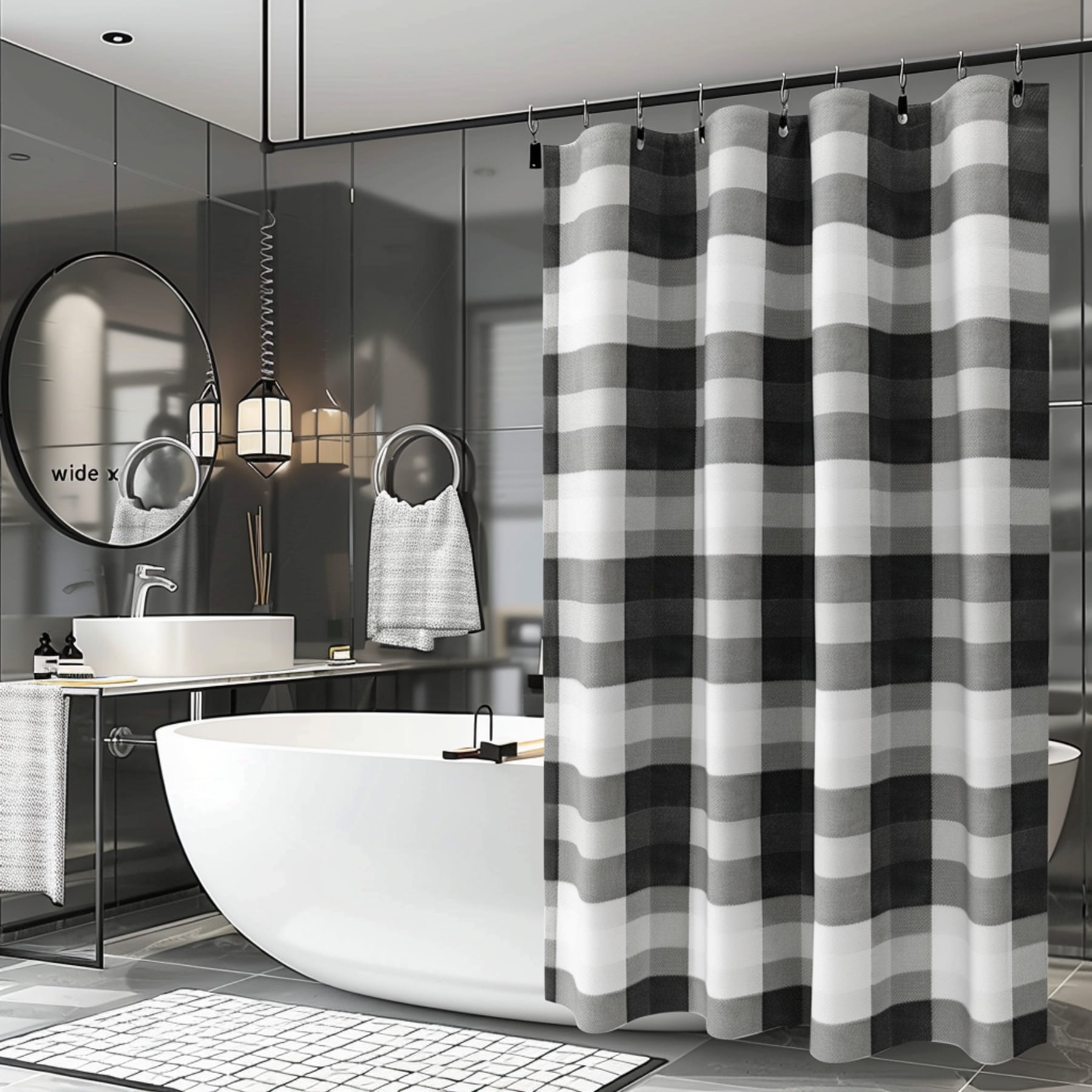Black and White Plaid Striped Fabric Shower Curtain with Nonslip