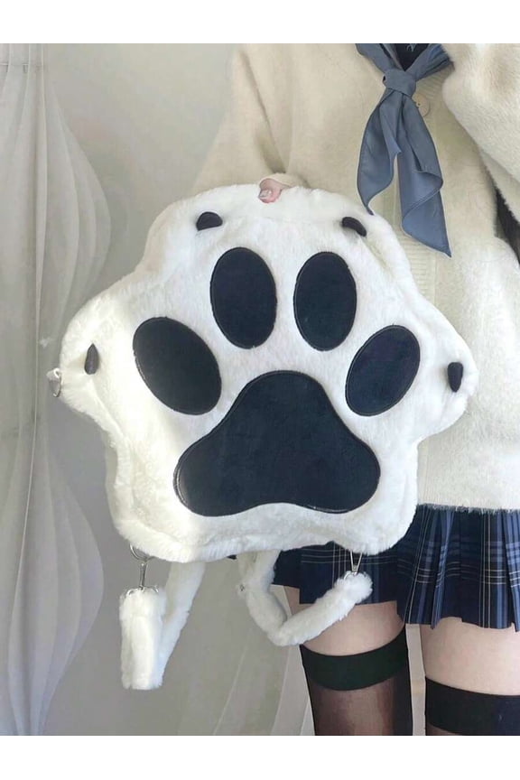 Black and White Plush Paw-Shaped Shoulder Backpack With Fuzzy Claws