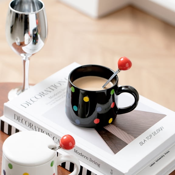 Black and White Polka Dot Ceramic Mug Set with Lid and Spoon 12oz Coffee Tea Cup for Home Office Gift