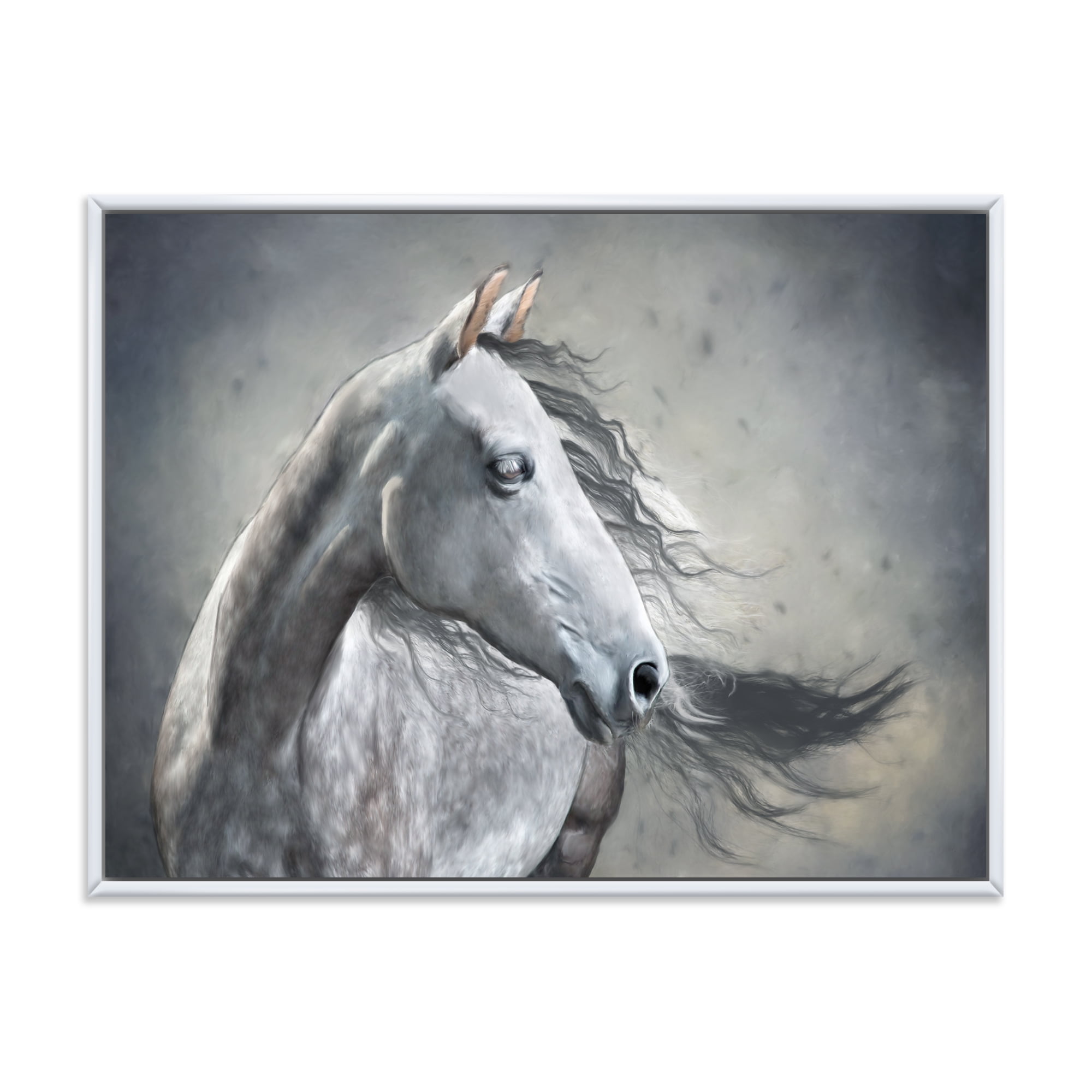 Black and White Portrait Of A Wild Horse 32" x 24" Framed Painting Canvas Art Print, by Designart