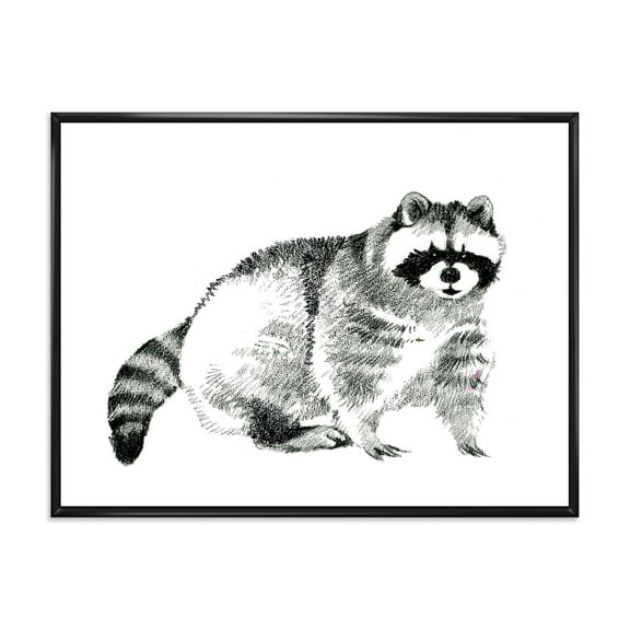 Black and White Portrait Of Raccoon 20 in x 12 in Framed Painting Canvas Art Print, by Designart