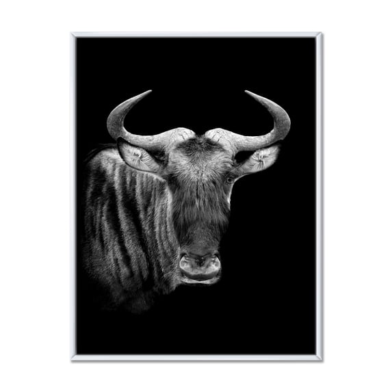 Black and White Portrait Of Wildebeest 24 in x 32 in Framed Photography Canvas Art Print, by Designart